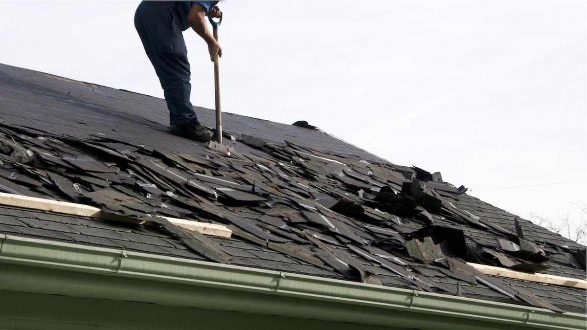 Houston roofer ripping off old shingles for Meadows Place roof replacement