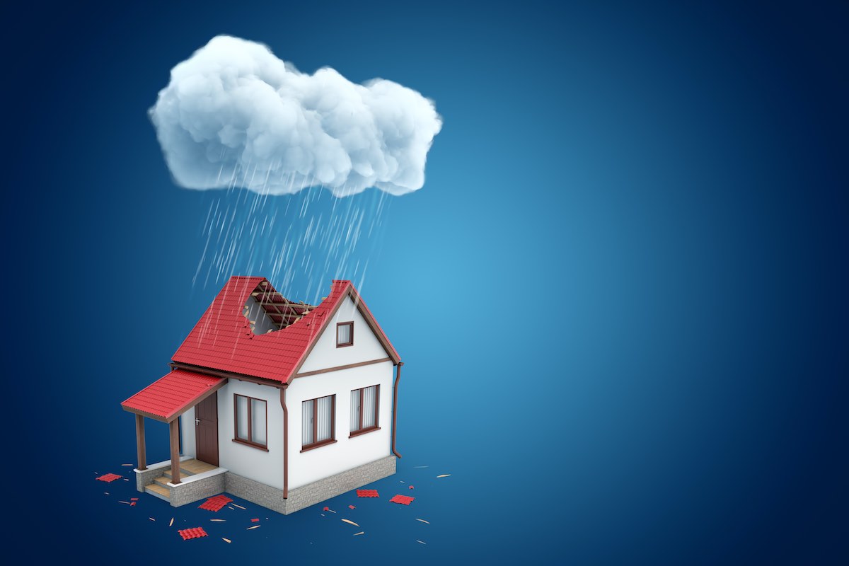 Graphic of house with broken roof and a storm cloud over it to symbolize hurricane roof damage