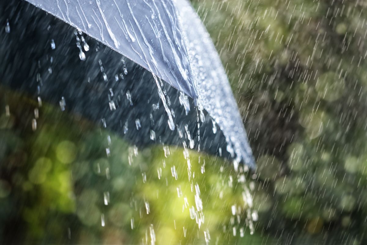 Spring rain falls on umbrella, signaling the threat of spring weather Katy roof damage