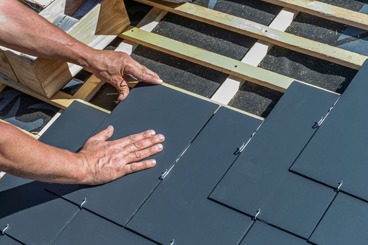 Houston roofer installing DaVinci slate roof tiles