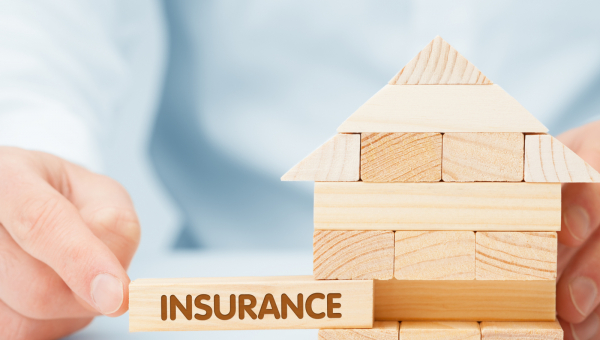 homeowner holding a wooden home figurine with the word insurance on it