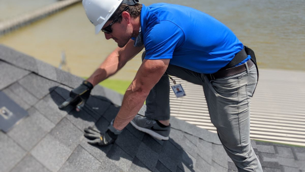 Our Houston roofer inspects Houston storm damage on Houston roof.